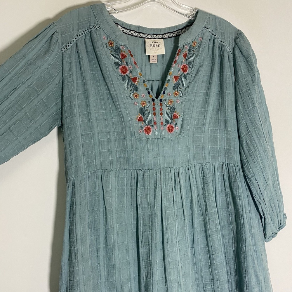 Knox Rose Dress Womens Small Blue Embroidered 3/4 Sleeve Tunic Boho Pockets Tier - Picture 4 of 15